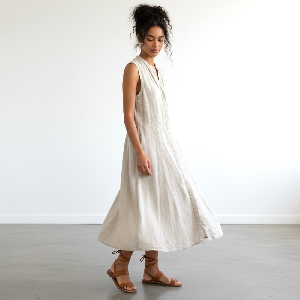 Boho Coastal Sleeveless Linen Button Front Midi Dress